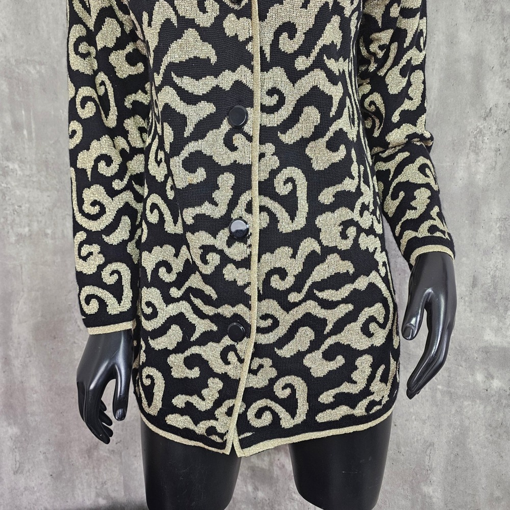 Vintage 80s 90s Tesori Baroque Knit‎ Jacket Gold Black Wool Cardigan XS - Picture 4 of 9